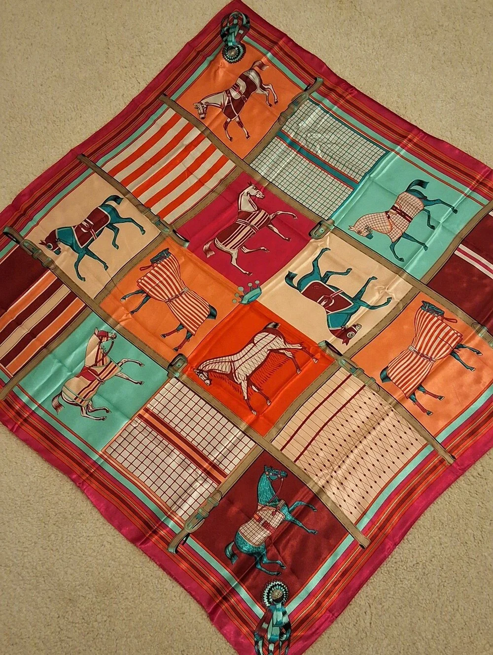NEW, Vibrant Equestrian Print Silk Scarf - Orange, Teal, Fuchsia - Picture 1 of 7